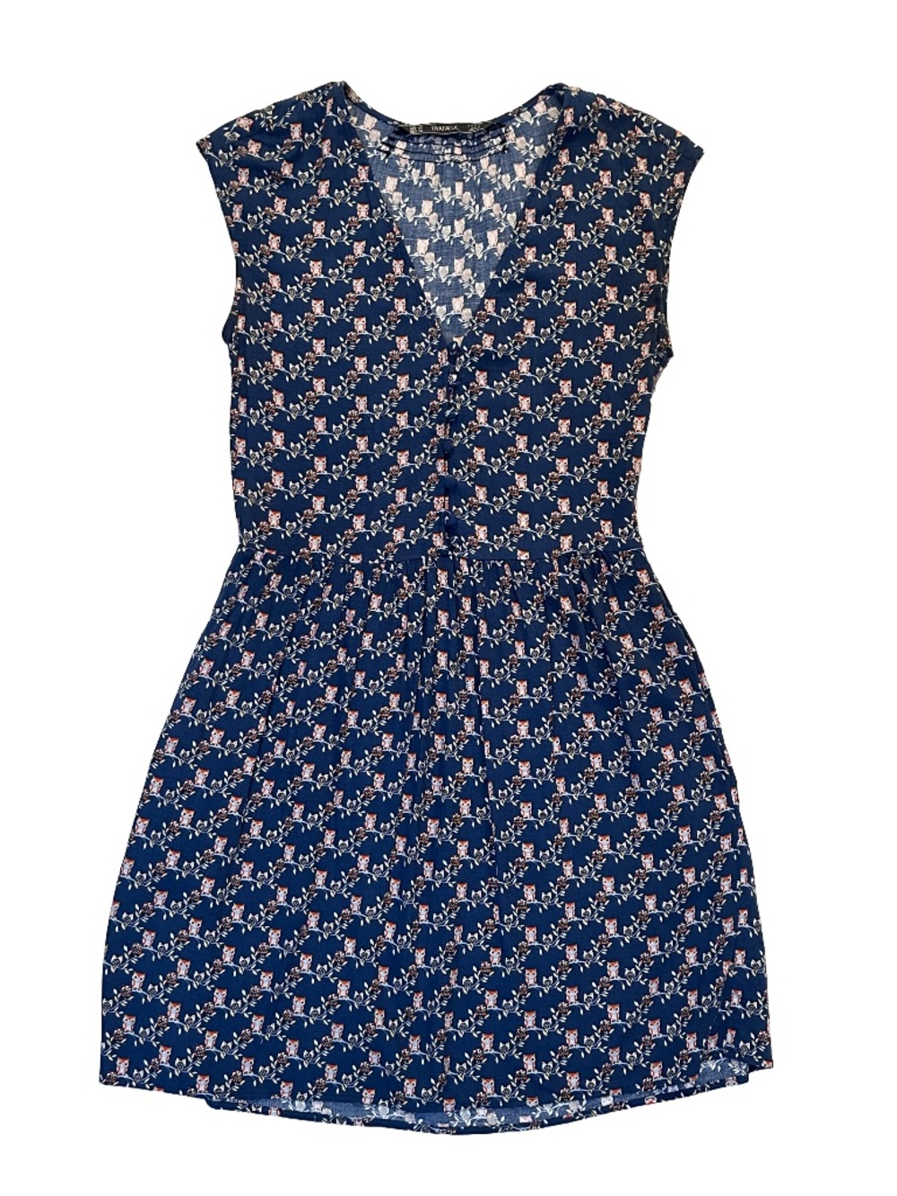 Zara Trafaluc Owl Print Mini Dress XS Navy Blue Smocked Pockets